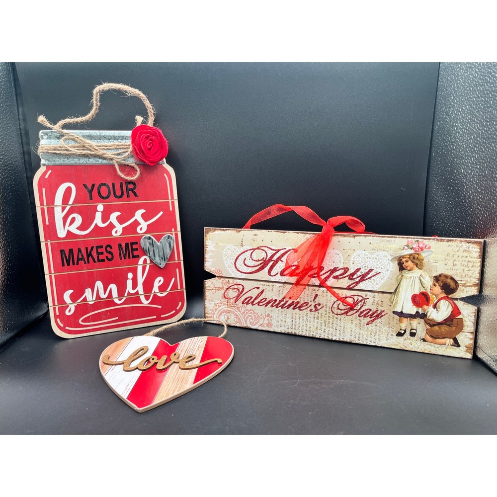 Valentine's Day Wooden Wall Decor Bundle Mason Jar Vintage Heart Signs 3pc Set